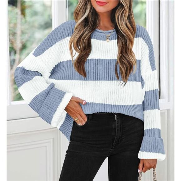 Striped Color Block Sweater – Oversized Fit, Flared Sleeves, Cozy Knit - Picture 1 of 5